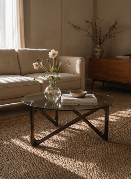 Salontafel 'Modica' Ø80 – Walnoot/Glas