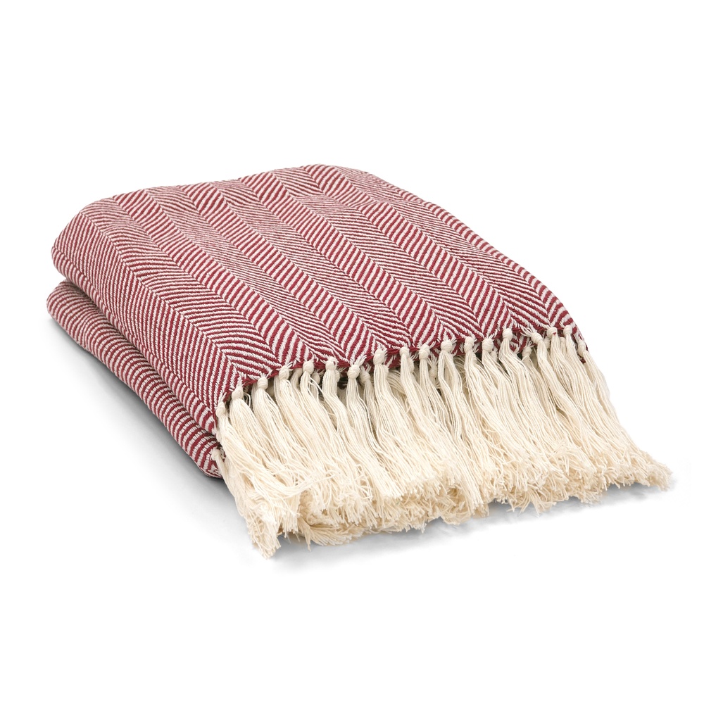 Katoenen deken 'Denisa Fishbone' 130x170cm - Rood/wit