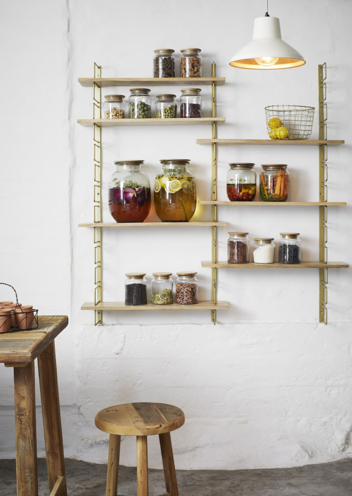 Wandplank 'Wooden shelves' - Messing/natuur