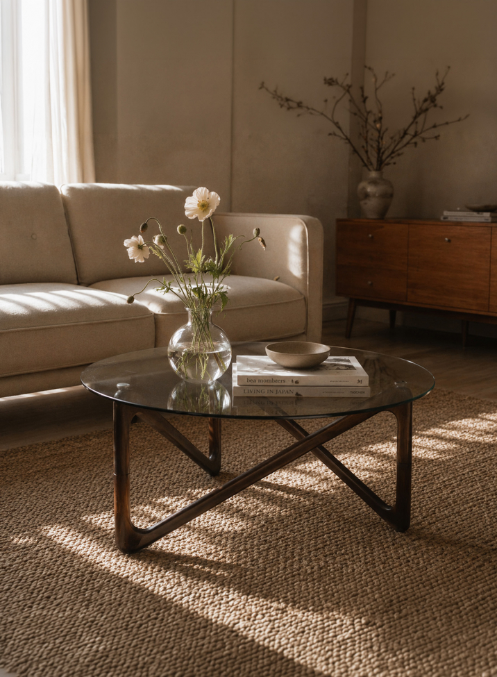 Salontafel 'Modica' Ø80 – Walnoot/Glas