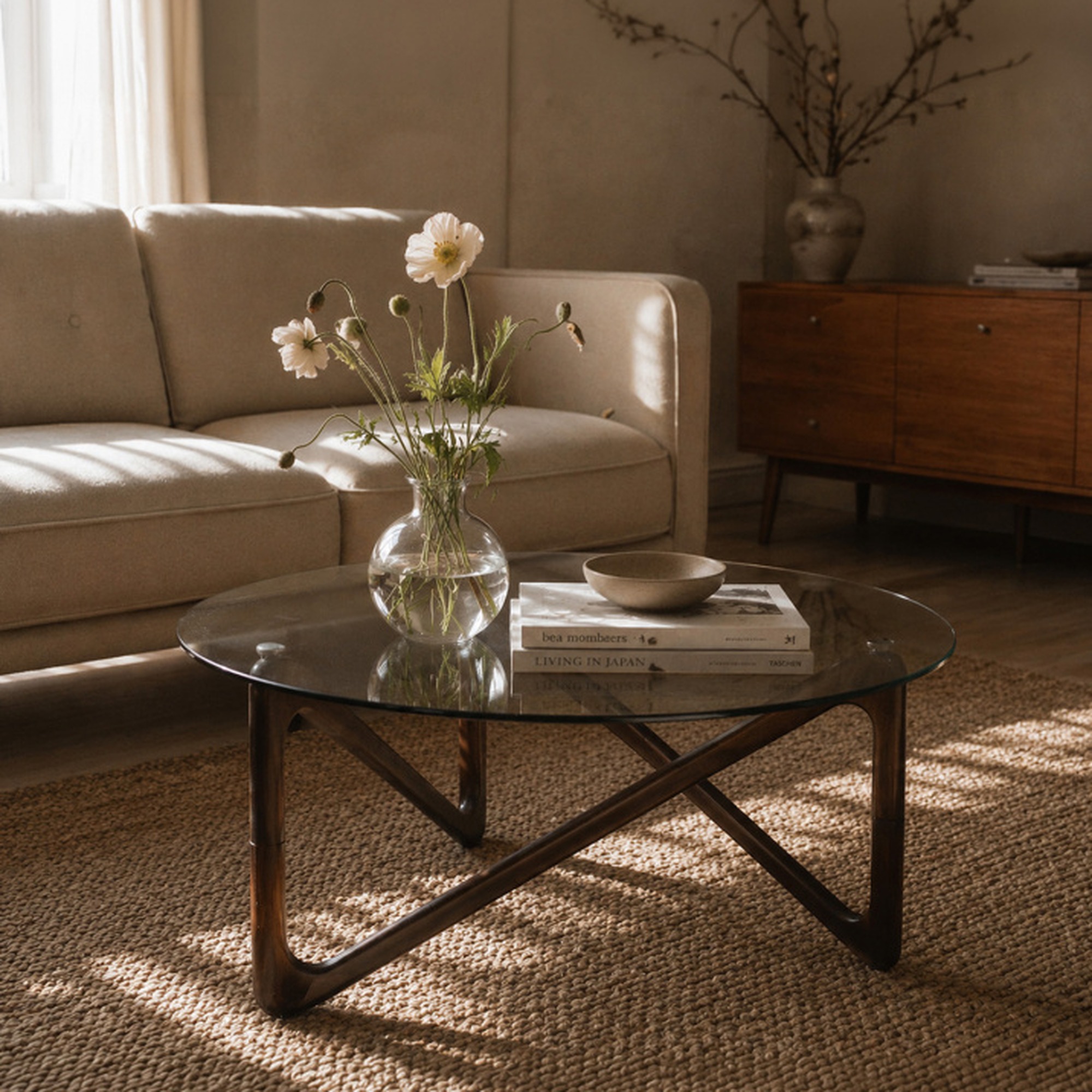 Salontafel 'Modica' Ø80 – Walnoot/Glas