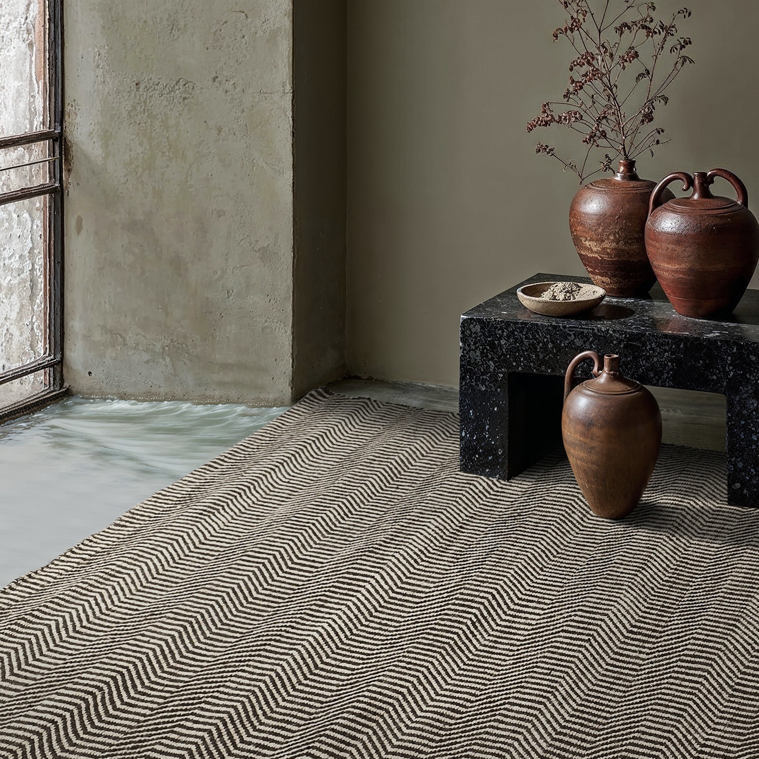 Wollen vloerkleed 'Larkana' - Beige/zwart