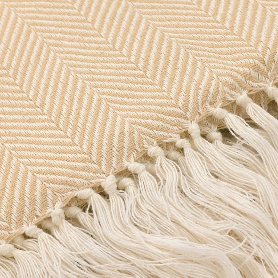 Katoenen deken 'Denisa Fishbone' 130x170cm - Beige/wit