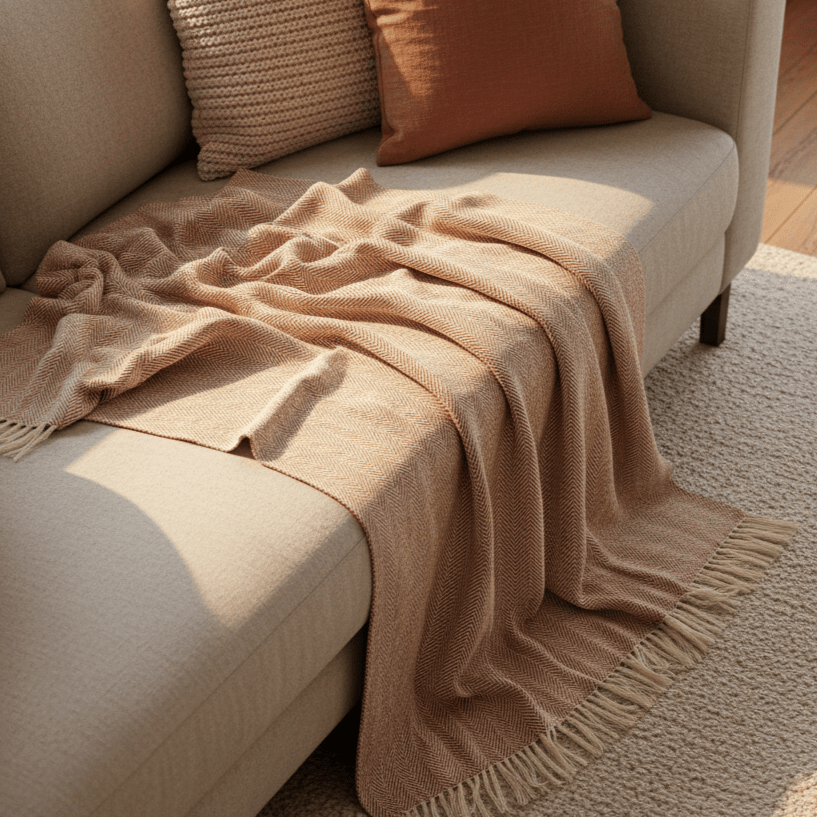 Katoenen deken 'Denisa Fishbone' 130x170cm - Bruin/wit