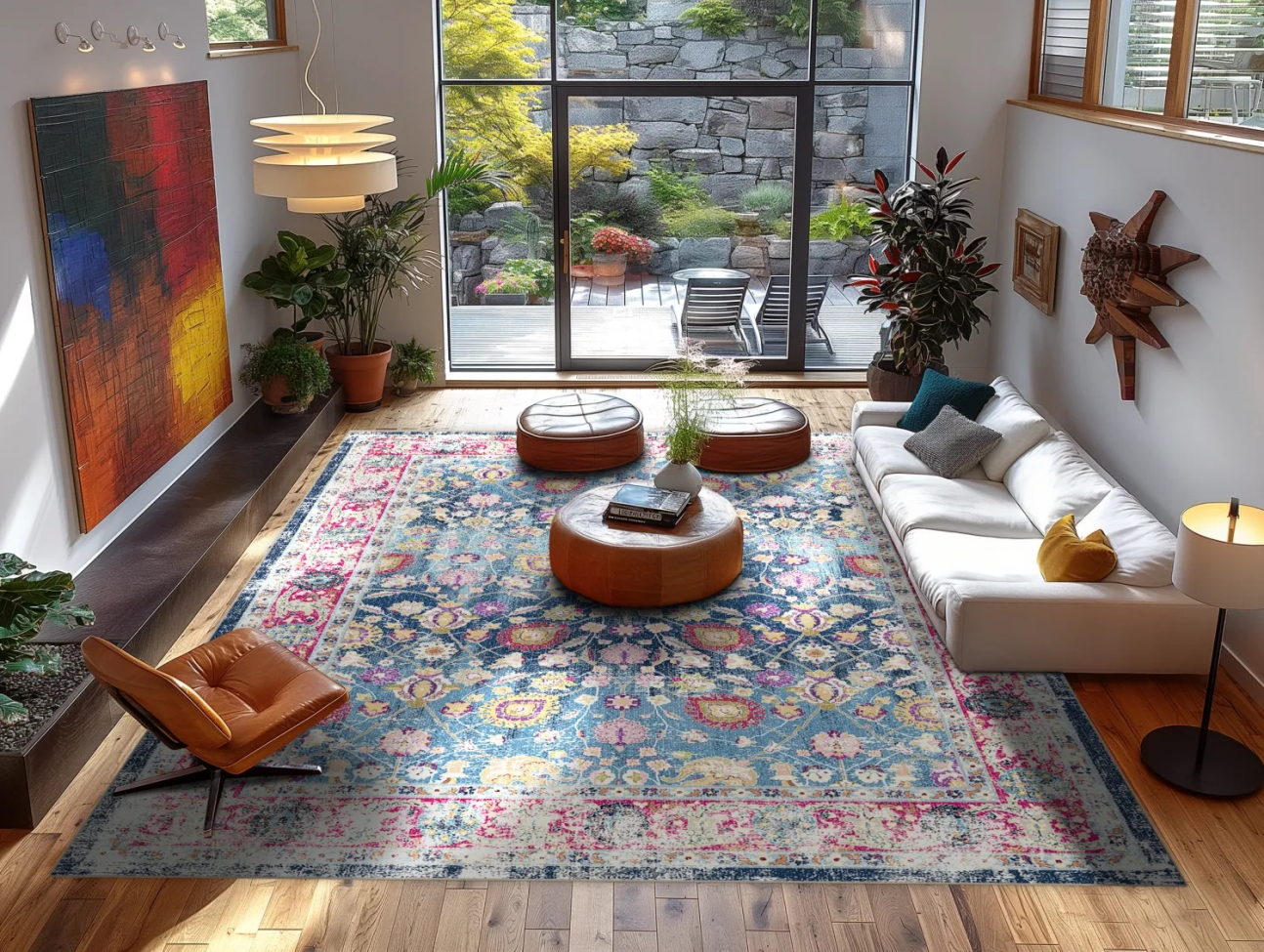 Wiltonmat 'Bouhjar' 200x200cm - Blauw/Roze/Multi