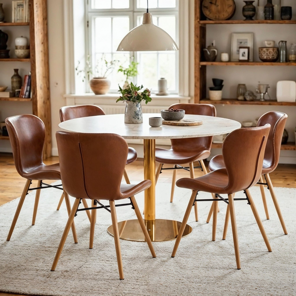 Eettafel 'Marbleous' Rond 120cm - Messing/Wit