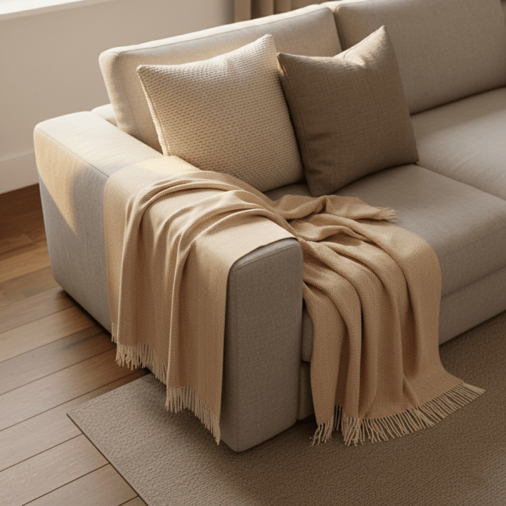 Katoenen deken \'Denisa Fishbone\' 130x170cm - Beige/wit in de groep Inrichting / Textiel / Plaids & dekens bij Reforma (V10201745)